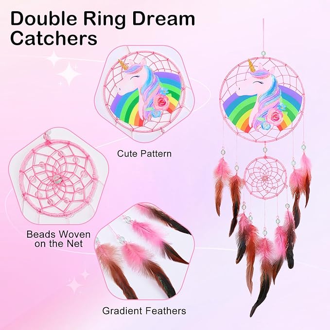 Basumee Dream Catcher for Kids Feather Dream Catchers Handmade Home Decor Wall Hanging with Double Ring for Nursery Bedroom Boys Room, Rainbow Unicorn