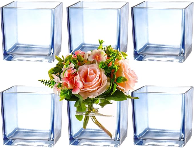 Square Glass Vases Set of 6, 4" x 4" x 4" Square Flower Vases for Centerpieces, Blue Vase for Flowers, Small Vase for Wedding, Party, Home Office Decoration