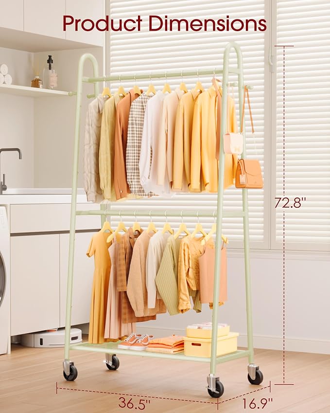 Heavy Duty Clothes Rack, Metal Clothing Rack with Double Hanging Rods, 4 Hooks & Mesh Shelf, Freestanding Garment Rack with Triangular Design for Bedroom Closet, 36.5" x 16.9" x 72.8", Beige