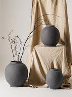 Black Ceramic Vase - Large 12.5 Inch Round Floor Vase for Centerpieces, Farmhouse Rustic Minimalist Home Decor (Sandstone Black)