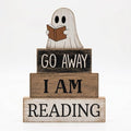 Moucuny 4 Pcs Halloween Table Decoration Wooden Ghost Reading Stacked Block Decor, "Go Away I Am Reading" Sign, Rustic Ghost Centerpiece Book Lover Halloween Tiered Tray Decor for Home Office Library