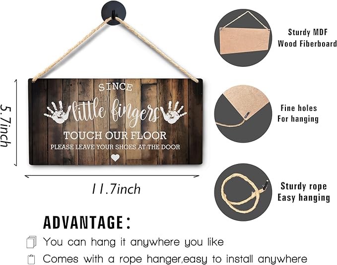 Wall Pediments Shoes Off Sign,Shoes Off Sign for Front Door,Since Little Fingers Touch Our Floor Door Sign,Shoes Off Hanging Welcome Sign for Front Door,10x8 Inches，Wood Grain-8
