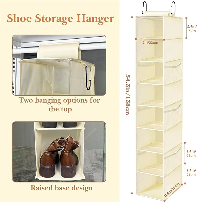 VERONLY Hanging Shoe Organizer for Closet with 8 Shelves,Mesh Pockets-Wider Hanging Shelves for Shoes,Clothes,Hats With Sturdy Bamboo-Supported Design (Beige)