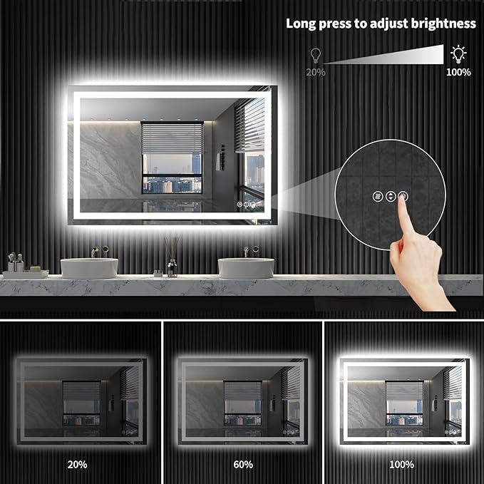 LOAAO 48X36 LED Bathroom Mirror with Lights, Anti-Fog, Dimmable, Backlit + Front Lit, Lighted Bathroom Vanity Mirror for Wall, Shatter-Proof, Memory Function, ETL Listed