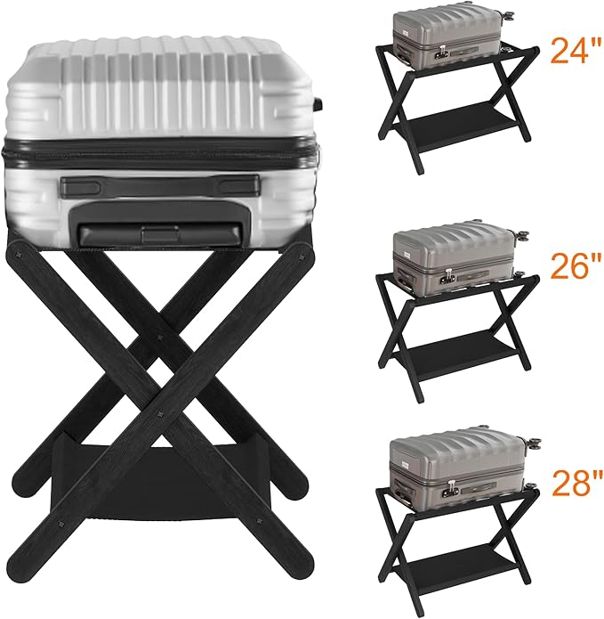 Heybly Luggage Rack, Folding Suitcase Stand with Storage Shelf, Heavy-Duty Luggage Holder for Guest Room Bedroom Hotel, Holds up to 165 lb, Black, HLR010B1