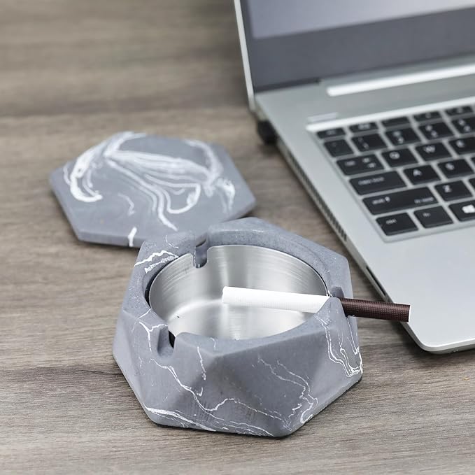 FREELOVE Concrete Ashtray with Lid & Stainless Steel Ashtrays for Cigarettes, Cement Ash Tray Smoking Holder Indoor Smokeless Outdoor Windproof Patio Home Office Cool Decor(Grey-White, Small)