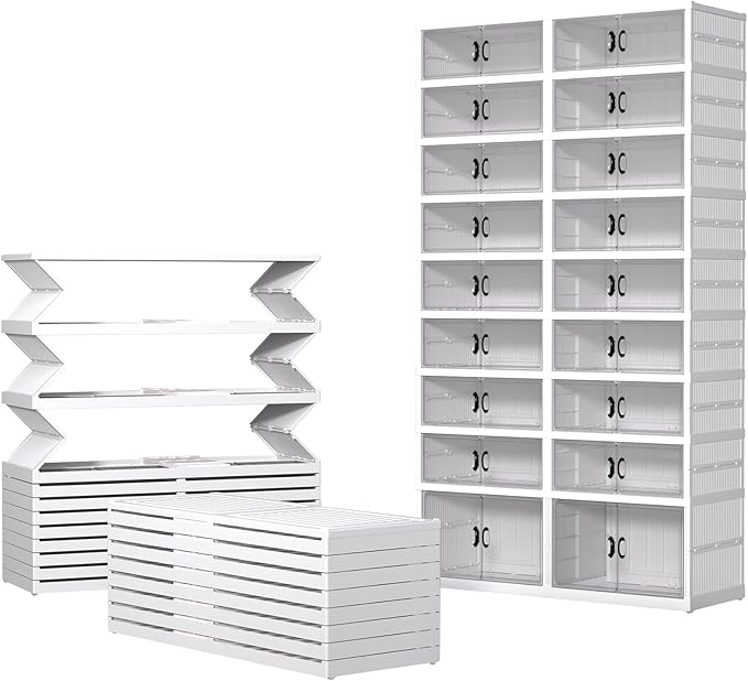 GCCSJ 9-Tier Foldable Shoe Rack Organizer, Plastic Collapsible Shoe Shelf, Folding Shoe Box Storage Cabinet with Magnetic Clear Door Easy Assembly (White, 9 Tiers 36 Pairs)