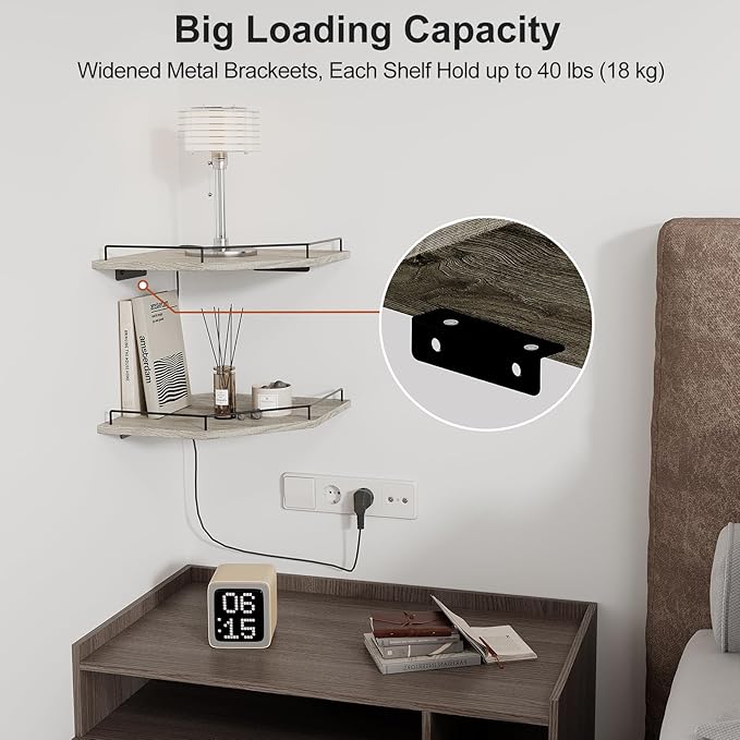 JJL Corner Shelf Wall Mounted, 12 Inches 2-Tier Floating Corner Shelf, Hexagon Rustic Wood Decor with Fence, Gray Wood Grain Wall Shelves for Apartment Bedroom Kitchen Bathroom