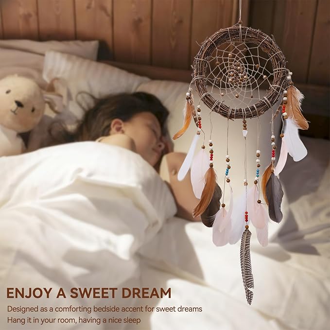 Rattan Dream Catchers with Peacock Feather, Boho Wall Decor Rustic Wooden Native American Wall Art for Bedroom Living Room (Pink Brown Mix)