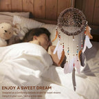 Rattan Dream Catchers with Peacock Feather, Boho Wall Decor Rustic Wooden Native American Wall Art for Bedroom Living Room (Pink Brown Mix)