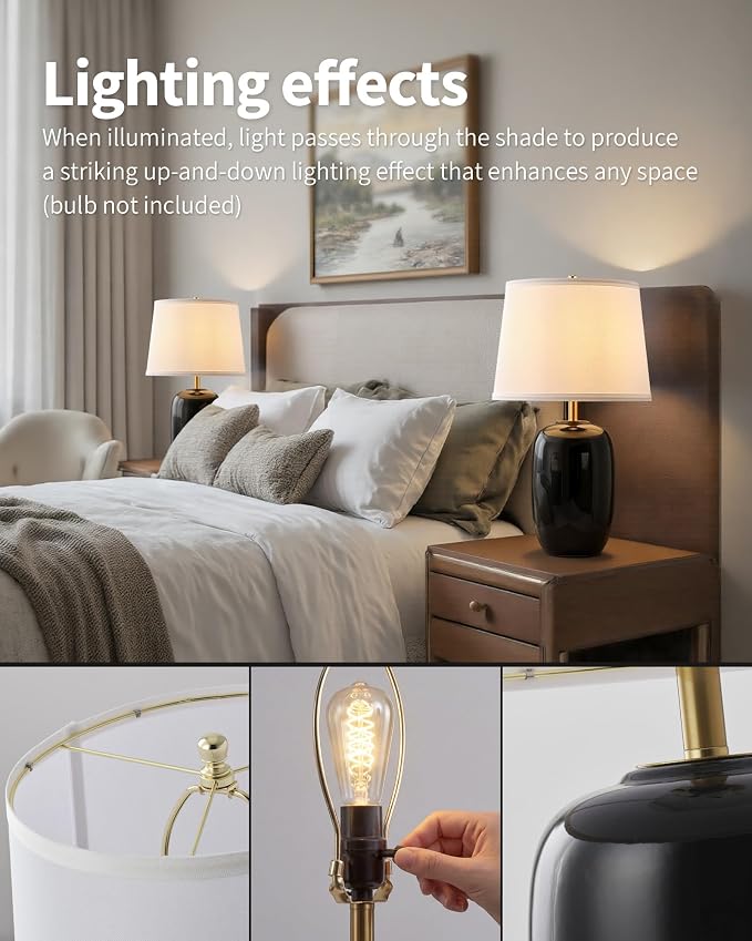 PUSU 22 Inch Black Ceramic Table Lamps Set of 2, Fabric Lampshade Living Room Office Desk lamp, E26 Socket Rotary Switch Lighting for Bedroom, Nightstand, Reading, Office, Study, Corner, Home Decor