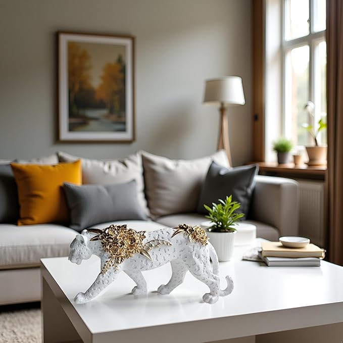 Cheetah Statue White Gold Leopard Sculpture Home Decor Leopard Sculpture Resin Handmade Sitting Suitable for Living Room Table Center Bedroom Gift for Woman Father