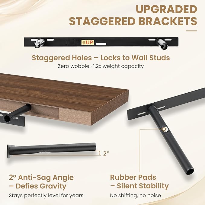 FLYJOE 24 Inch Long Floating Shelves for Wall Set of 2, 12" D Wood Grain Bathroom Shelves with Invisible Brackets, Easy Install Engineered Wood Storage Shelves for Kitchen, Living Room, Bedroom