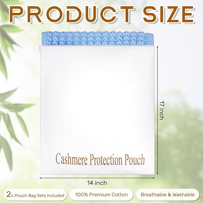 2 Pcs Cashmere Sweater Storage Bags with integrated Cedar Wood Breathable Washable Cotton Pouch Bags for Cashmere Wool Sweaters Storage Protection