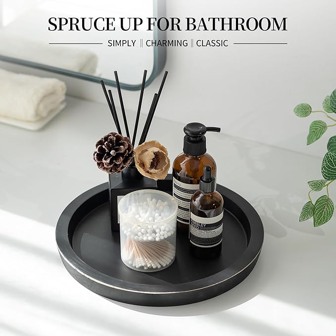 Hanobe Wooden Tray for Coffee Table: Candle Holder Plate Black Round Decorative Serving Tray - Vintage Table Centerpiece Rustic Farmhouse Home Decor