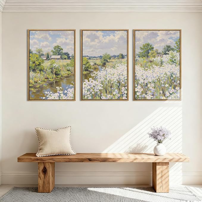 BINCUE Framed Wildflower Wall Art Rustic Floral Wall Decor Vintage Landscape Artwork Nature Flowers Wall Pictures Wildflowers Art Prints Florals Paintings for Living Room Bedroom Bathroom Farmhouse 16x24 Inches Set of 3 Gift