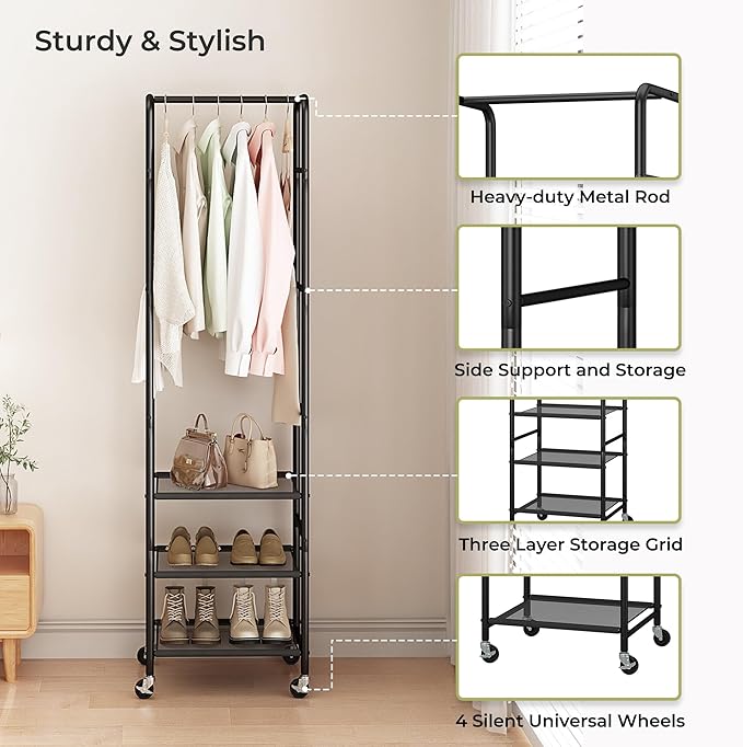Narrow Clothes Rack with 3 Shelves, Heavy-duty Garment Rack with Wheels, Display Clothing Racks for Hanging Clothes for Small Space, Entryway, Hallway, Bedroom, Office, Living Room, Black