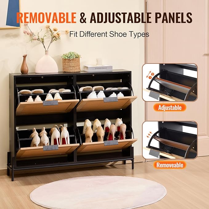 VEVOR Rattan Shoe Cabinet, Narrow Shoe Storage Organizer with 4 Flip Drawers, Slim Shoe Entryway Storage Cabinet with Metal Legs, Ideal for Entryway, Closet, Hallway, Light Wood Color