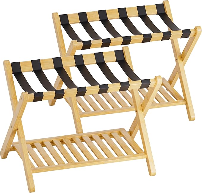 SMIBUY Luggage Rack, Set of 2, Foldable Bamboo Suitcase Stand with Storage Shelf for Guest Room, Bedroom, Hotel, Heavy-Duty (Natural)