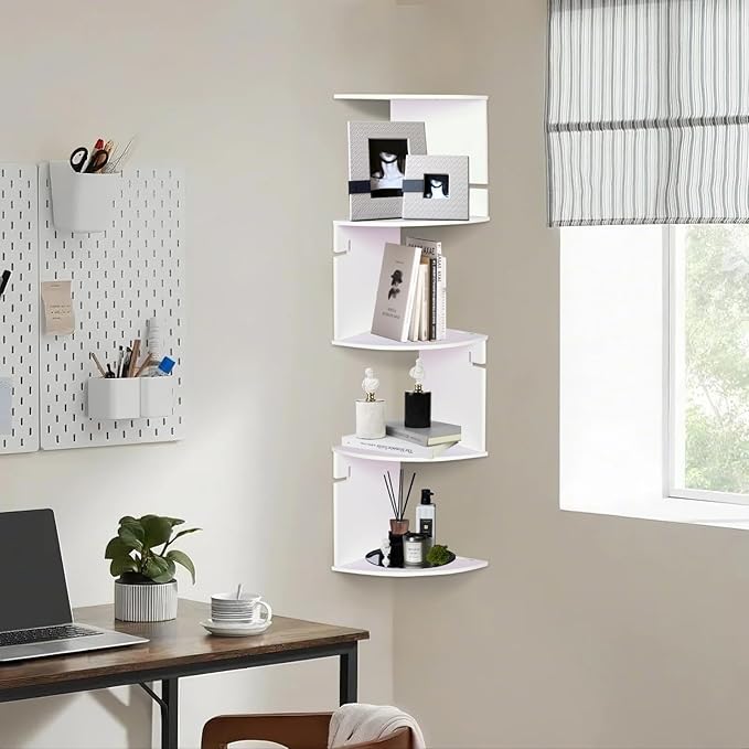 ShellKingdom Corner Shelf Wall Mount, 5 Tier Corner Bookshelf, Floating Display Shelves for Home, Living Room, Bedroom, Office, Bathroom, Small Spaces Decorations, 7.87 X 7.87 X 33.46 INCHES (White)