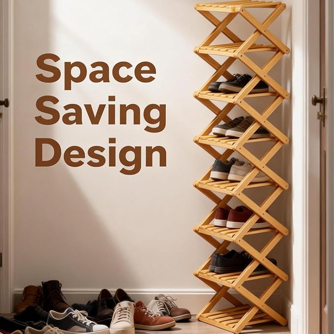2/3/4/5/6/7/8/9 Tier Bamboo Folding Shoe Rack,2026 New Bamboo Foldable Shoe Rack,no Installation Required,Vertical Multi-Layered Organizer,Space-Saving for Entryways& Balconies (Brown, 4)