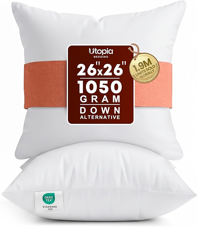 Utopia Bedding 26x26 Pillow Inserts, Set of 2, White – Indoor Decorative Throw Pillows for Bed, Sofa & Couch – Soft, Supportive & Fluffy Cushion Inserts