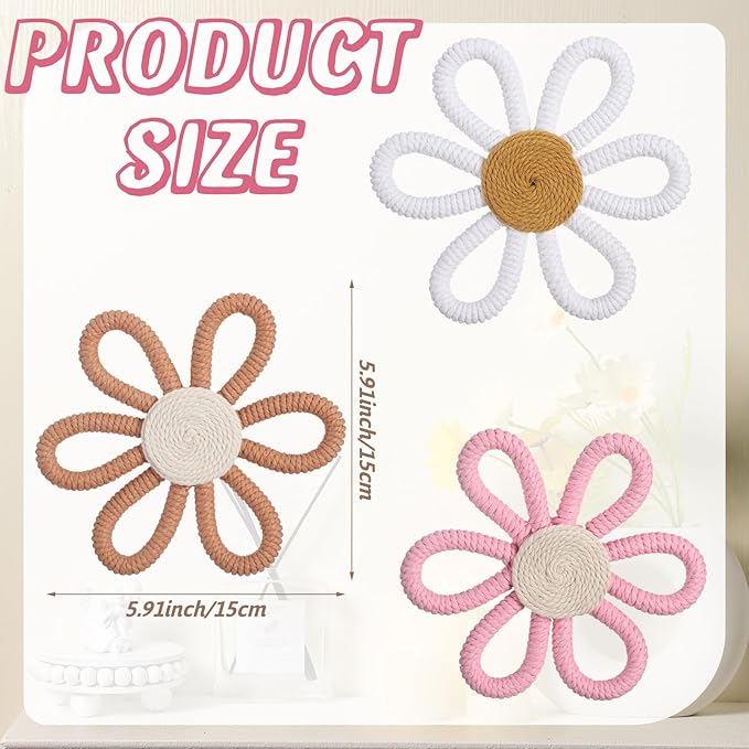Zeyune 6 Pcs Boho Nursery Daisy Flower Wall Art Decor Woven Macrame Wall Pediments Boho Daisy Floral Nursery Art Decor for Home Bedroom Decorations(Classic Color,Yarn and Cotton Rope)
