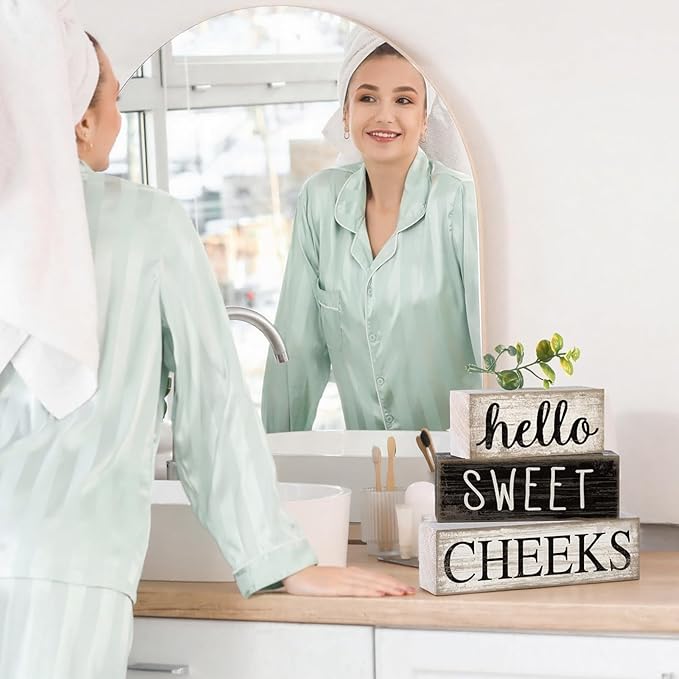 Moucuny 4 Pcs Bathroom Shelf Decor Hello Sweet Cheeks Sign Farmhouse Bathroom Decor and Accessories Rustic Eucalyptus Leaves Wood Block Sign Gift Sweet Home Table Centerpiece for Home Office