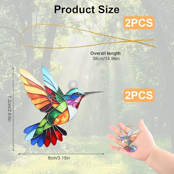 2pcs Hummingbird Gift for Women, Colorful Suncatcher Ornament, Christmas Tree Decor, Hanging Ornament for Door Yard Window Outdoor Birthday Father Day Graduation Gift