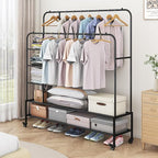 SUOERNUO Garment Rack for Hanging Clothes Rack Heavy Duty Portable with Bottom Metal Shelf Drying Coats Shirt,Black (Black+Double Rods+Shelf)