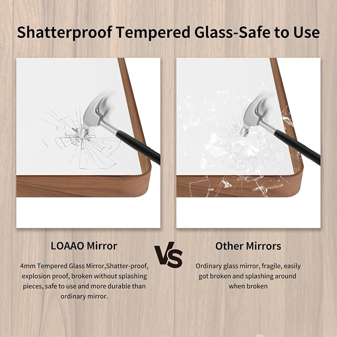 LOAAO 55X36 Inch Bathroom Mirror with Wood Grain Colored Metal Frame, Rounded Rectangle Metal Framed Bathroom Mirror, Anti-Rust, Hangs Horizontally or Vertically, Tempered Glass