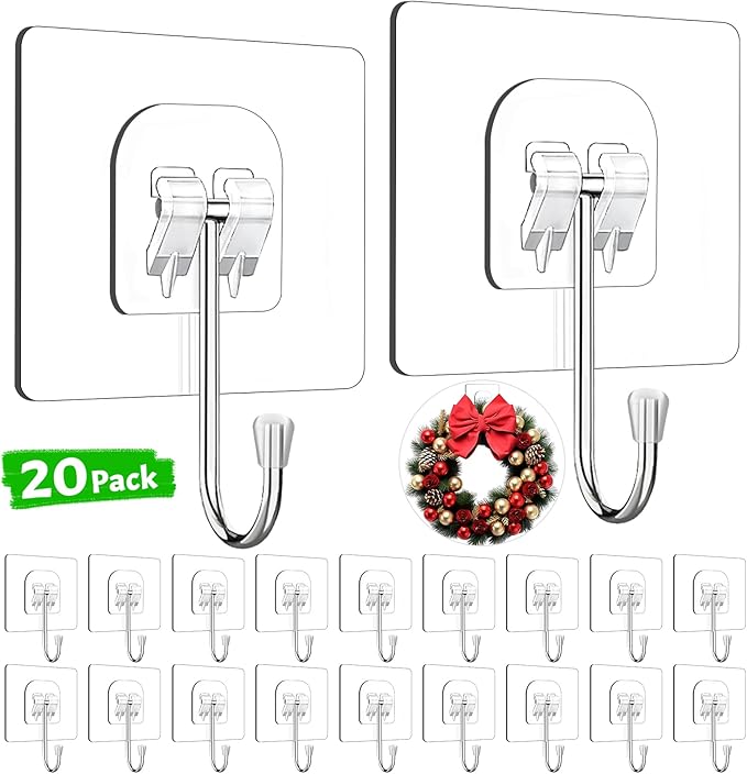 Wreath Hangers for Front Door, 20 Pack Large Wreath Door Hanger for Heavy Duty Easter Christmas Halloween Decorations, Clear Over-The-Door-Hooks Organizer, Adhesive-Wall-Hooks for Wreath Home Decor