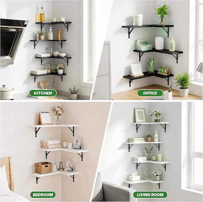 NATURE'S SOURCE Corner Floating Shelves Set of 4, Corner Shelves Wall Mounted, for Bedroom Kitchen Living Room Bathroom Office- Gothic Style (Black, Set of 4)