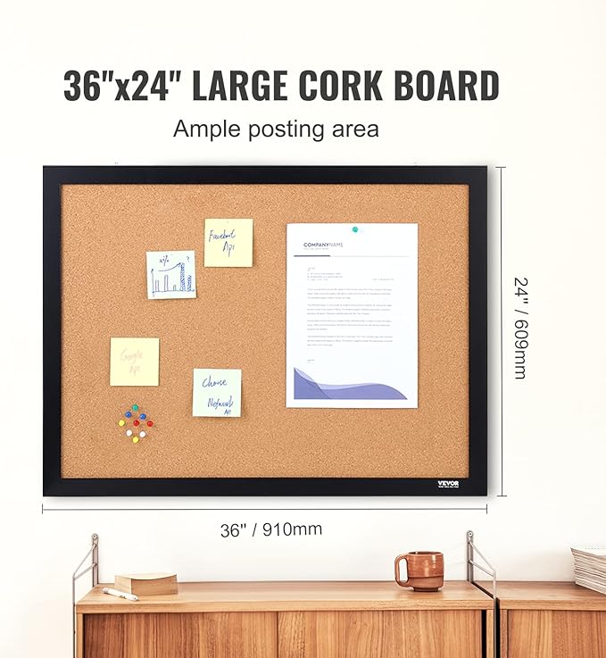 VEVOR 24 x 36 Cork Board, Large Bulletin Board with Black MDF Frame, Wall Mounted Pin Board for Office, School and Home Decor, Hanging Message Board for Pictures and Notes, 10 Push Pins Included