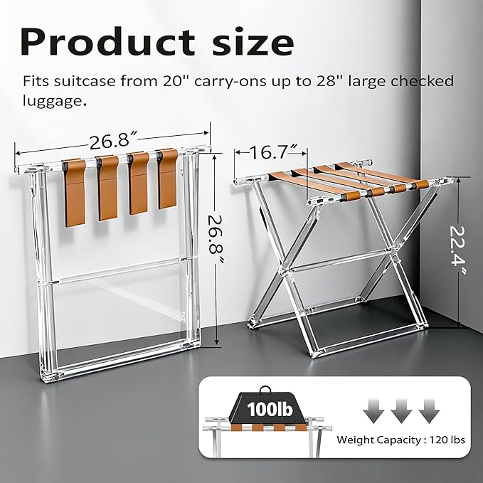 Acrylic Luggage Rack for Guest Room,Folding Luggage Rack with Leather Straps,Holds up to 120 lbs Suitcase Stand for Bedroom, Living Room and Hotel (Brown Leather)