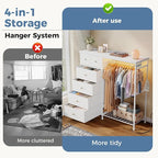 OLIXIS 6 Storage for Bedroom with Hanging Rack with LED Lights & Charging Station, Fabric Chest of Storage with Rack, Wooden Top, for Home Living Room Entryway White