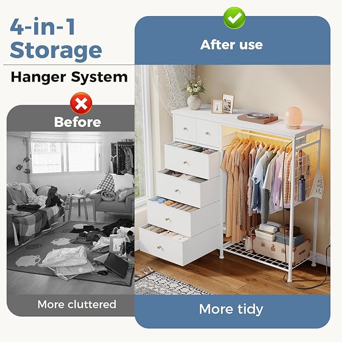 OLIXIS 6 Storage for Bedroom with Hanging Rack with LED Lights & Charging Station, Fabric Chest of Storage with Rack, Wooden Top, for Home Living Room Entryway White