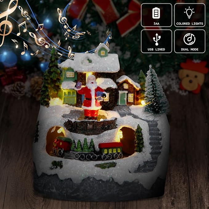 Christmas Village Snow Globe Decorations Resin Building Figurines Revolving Train Christmas Collectible Buildings 8 Music for Vintage Xmas Gift Christmas Decoration Santa Clau