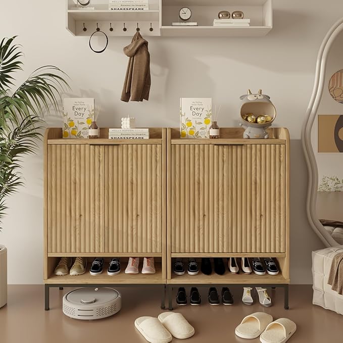 Modern Shoe Cabinet with Fluted Door,5-Tier Farmhouse Shoe Cabinet with 3 Adjustable Shelves,41.5'' Tall Wooden Shoe Rack Organizer Cabinet for Entryway, Hallway,Living Room,Natural