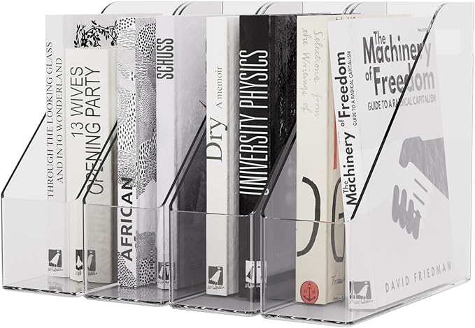 Magazine Holder, Clear Plastic Vertical File Magazine Organizer, Desktop File Magazine Book Storage Shelf for Office Desk (4PCS)