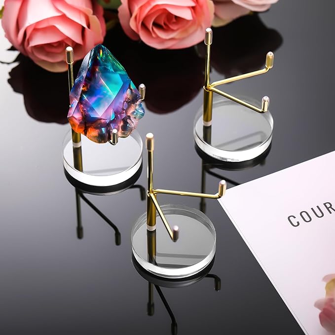 Suzile 4 Pcs Adjustable Metal Arm Display Stand Easel with Acrylic Base Rock Display Easel Holder Acrylic Crystal Clear Plate Stand for Geodes Mineral Agate(Gold,2 x 2 x 3.5 Inch)