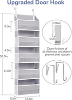 ULG 1 Pack Over Door Organizer with 5 Large Pockets 10 Mesh Side Pockets, 44 lbs Weight Capacity Hanging Storage Organizer with Clear Window for Kids Toys, Shoes, Diapers, Grey, 5 Layer