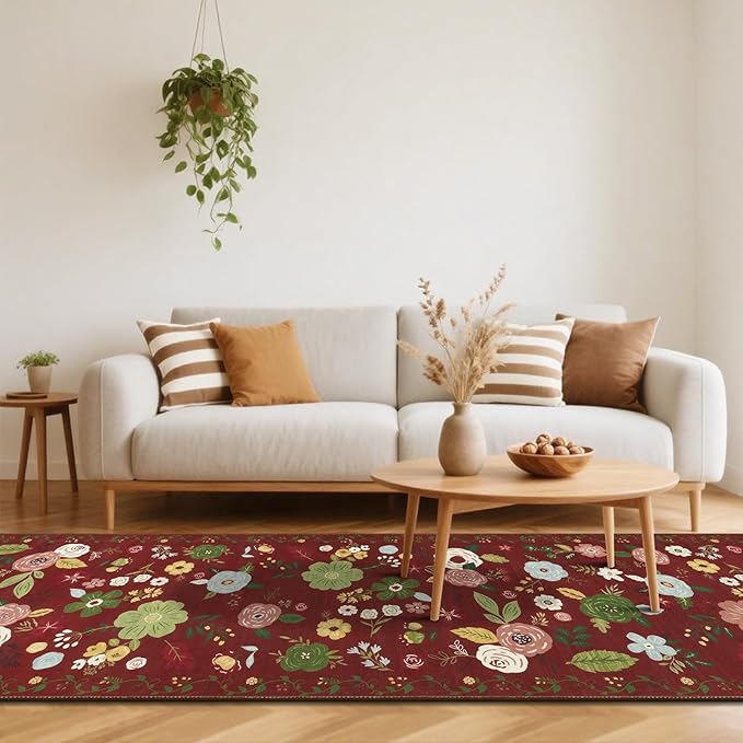 U'Artlines Red Christmas Runner Rug for Hallways,2'6" x 10'Colorful Floral Carpet Soft Non Slip Washable Floor Carpet Runners for Entryway Laundry Room Bathroom