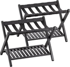 SMIBUY Luggage Rack, Set of 2, Foldable Bamboo Suitcase Stand with Storage Shelf for Guest Room, Bedroom, Hotel, Heavy-Duty (Black)