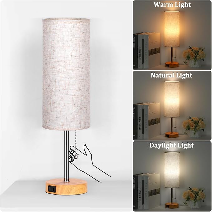 Dott Arts 18" Table Lamp for Bedroom, 3-Color Bedside Lamps with Pull Chain, Bedroom Table Lamps for Nightstand,AC Outlet Small Lamp for Living Room, Bulb Included Wood