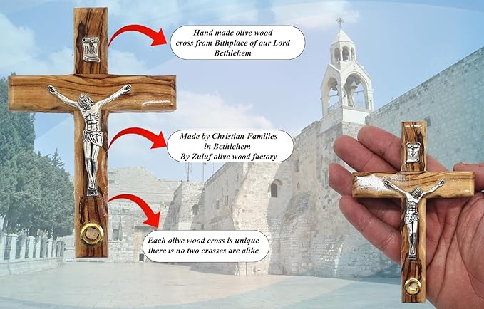 Zuluf 4.7" Olive Wood Catholic Wall Cross with Crucifix and Holy Land Stone Christian Gift Handmade Israel CRS046