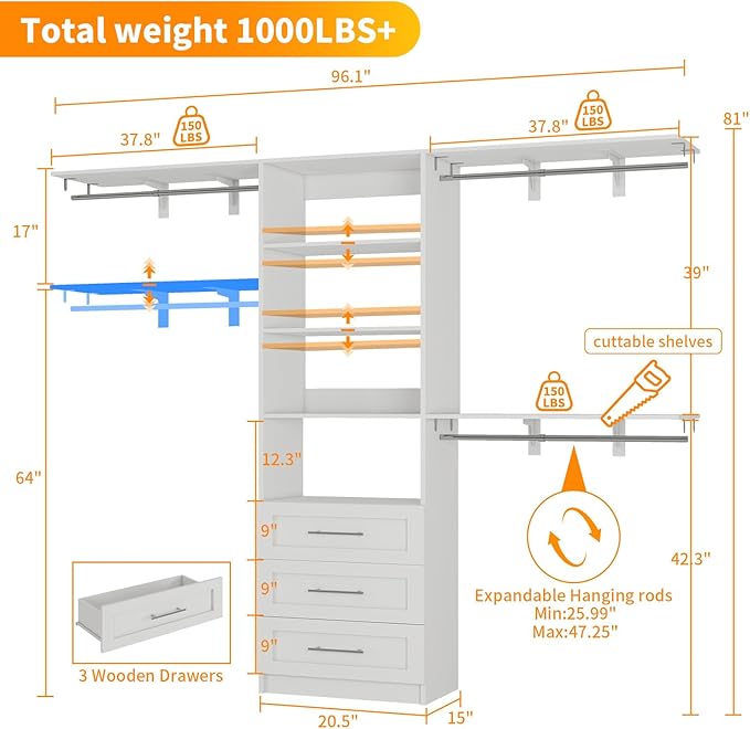 Closet System with 3 Wood Drawers, 5-8FT Closet Organizer System with Cuttable Shelves for Walk in Closet with 3 Expandable Hanging Rods, Heavy Duty Built-in Closet for Bedroom, White