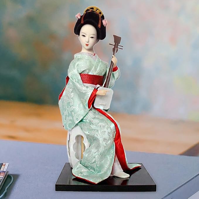 12inch Japanese Geisha Ethnic Japanese Geisha Dolls Oriental Ancient Kabuki Girl Statue Kimono Dolls for Tabletop Home Decor, Red and Light Green