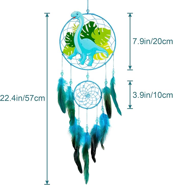 Basumee Dream Catcher for Kids Feather Dream Catchers Handmade Home Decor Wall Hanging with Double Ring for Nursery Bedroom Boys Room, Light Blue Dinosaur