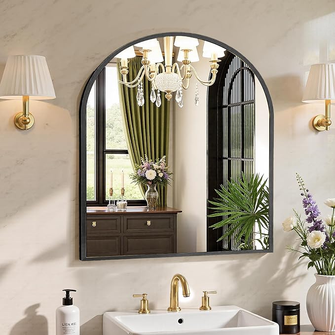 Sweetcrispy 31"x32" Arched Black Bathroom Mirrors for Wall, Bathroom Mirrors for Over Sink, Metal Framed with HD Shatter-Proof Glass for Entryway, Living Room, Bedroom
